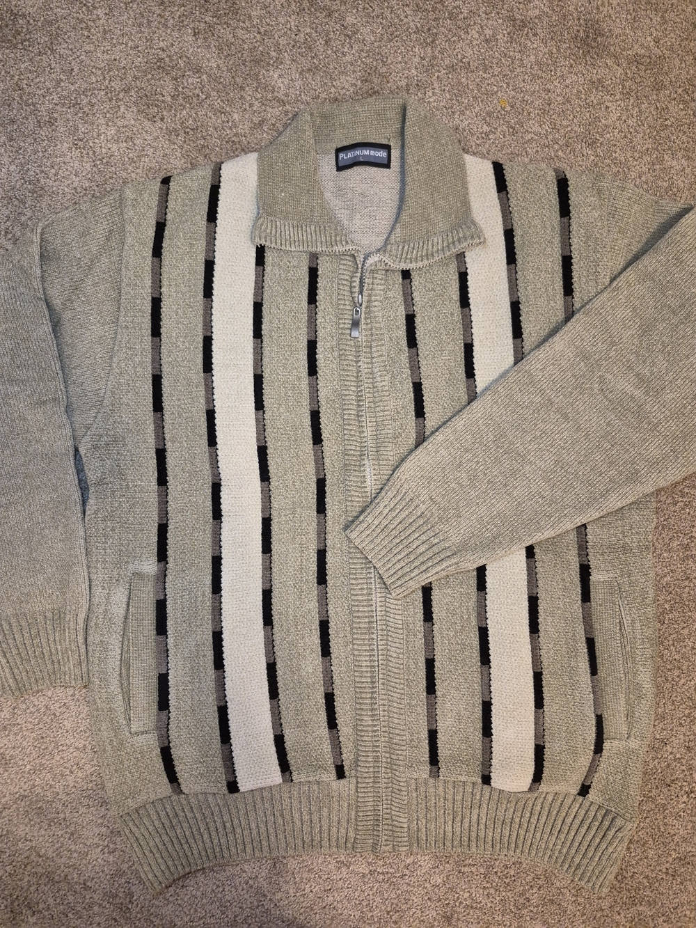 Vintage New NWOT Sage Green Tan Zip-Front Men's Cardigan Large Chenille Type